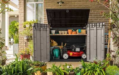 Keter Store It Out Pro Outdoor Garden Furniture Storage Shed Beige with Brown Lid Fade Free All Weather Resistant Safe and Secure Zero Maintenance 5 year Warranty