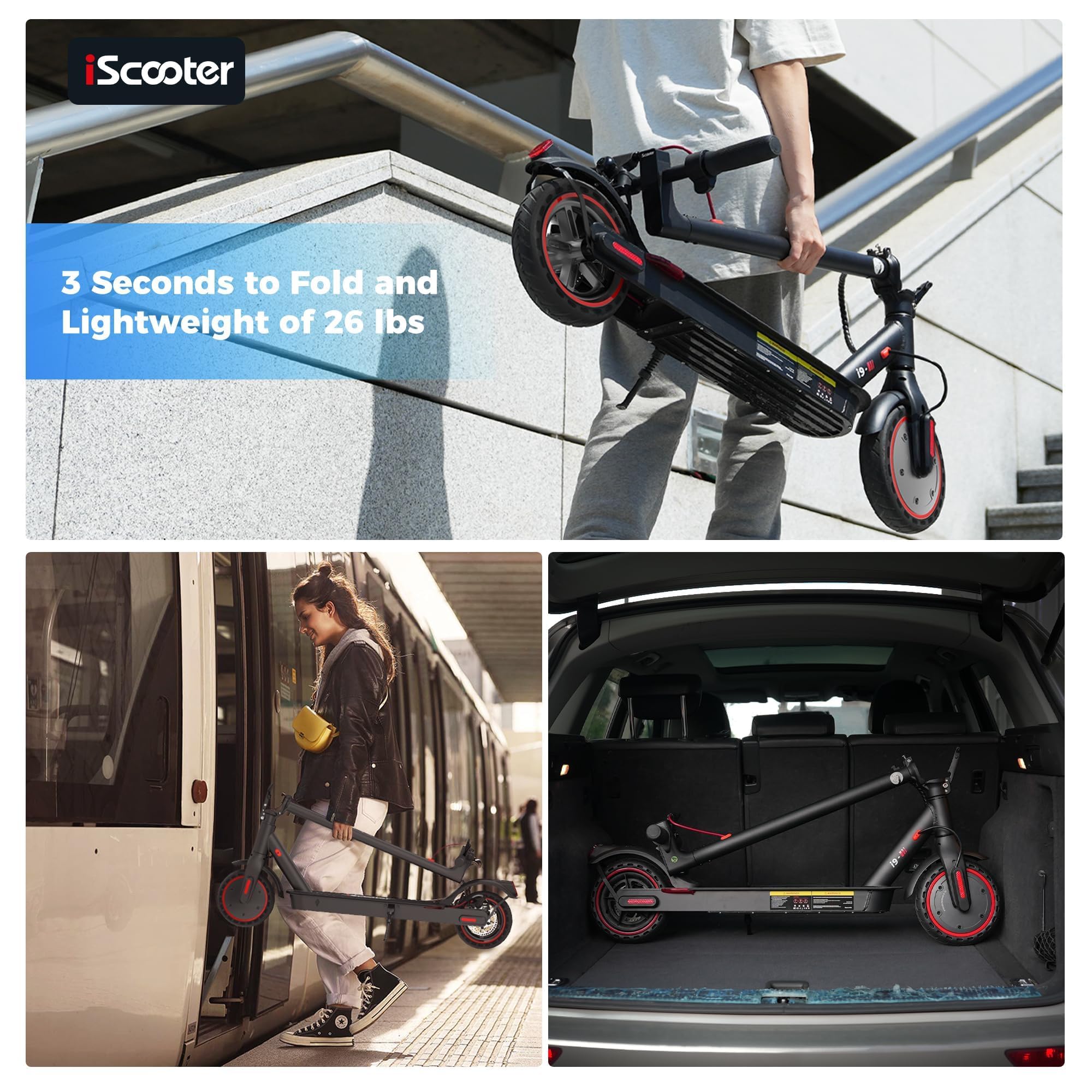 iScooter Electric Scooter, i9 Electric Scooters Adult, 8.5”Solid Tires, 30km Range, 3 Speed Mode, Foldable Electric Scooters with APP, Double Braking System for Adults and Teens